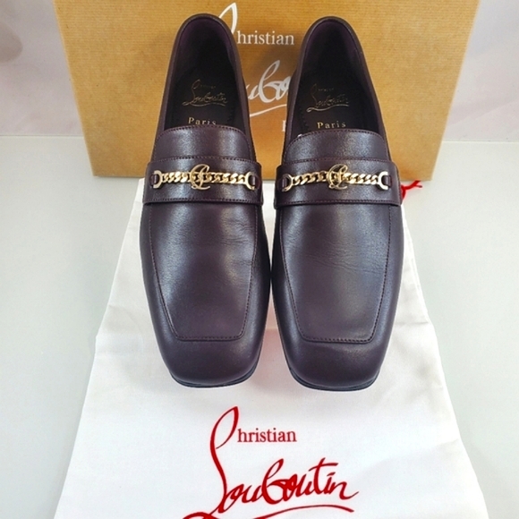 NWT$1095 Louboutin MJ Moc Brown Leather Chain Red Sole Flat Loafers Sz 36.5, 6.5 - Picture 5 of 16